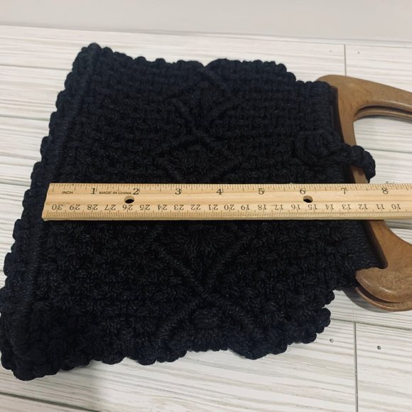Handmade Black Macrame Faux Wooden Handle Bag New - Picture 10 of 10